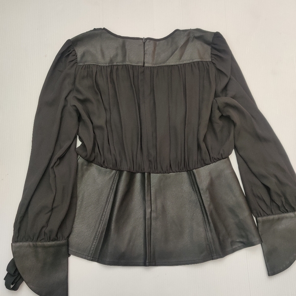 Gracia Black Peplum Chiffon Gathered Blouse With Faux Leather Accents. - Picture 6 of 9